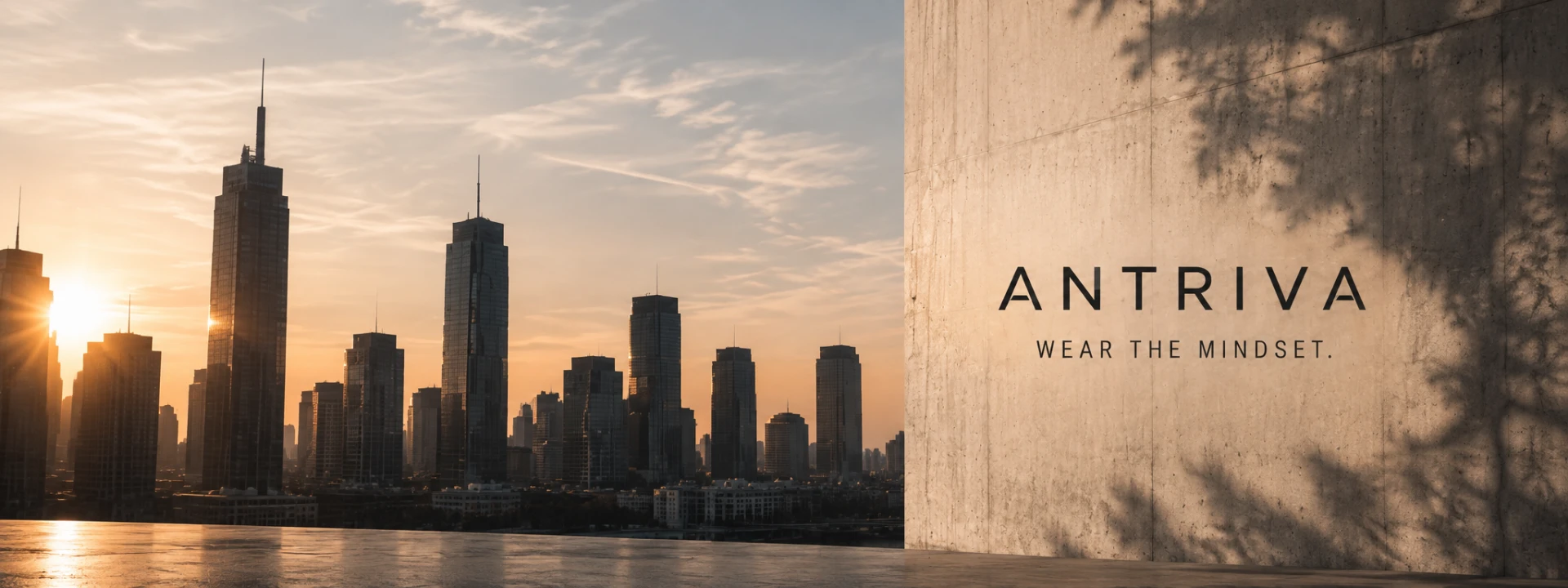 ANTRIVA – Wear the mindset vor einer urbanen Skyline im Abendlicht